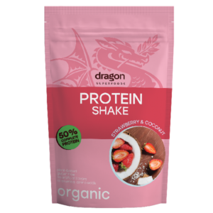 Shake proteic capsuni si cocos bio 450g Dragon Superfoods - 50% proteine
