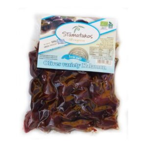 Masline Kalamata vidate cu continut redus de sare bio 500g Stamatakos